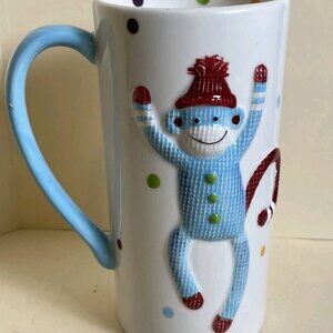St. Nicholas Square 3D Sock Monkey Mug — Polka Dot Ceramic 6″ Holiday Coffee Cup